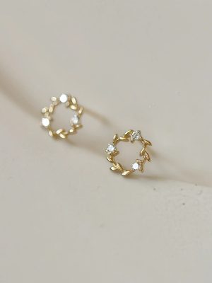 S925 Sterling Silver Plated 18K Gold Zircon Branches and Leaves Small Wreath Earrings Female Elegant Small Flower Earrings Earrings