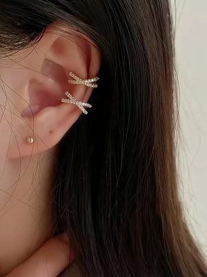 S925 Sterling Silver Plated 14K Gold Diamond Cross Ear Clip Women's Light Luxury High-end Cold Style Ear Clip Earrings without Ear Holes