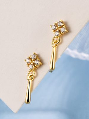 925 Sterling Silver Plated 18K Gold Diamond-encrusted Four-leaf Clover Water Drop Tassel Exquisite Pendant Earrings Korean Style Simple Elegant All-match