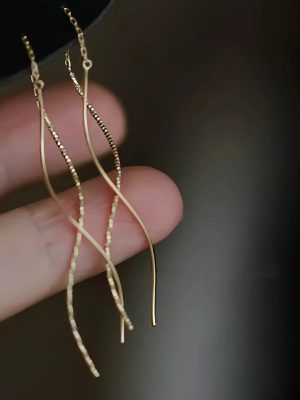 S925 Sterling Silver Plated 14K Gold Wave Curve Tassel Ear Line Women's Elegant All-match Ins Fairy Ear Stud Earrings