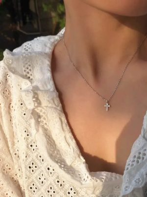 S925 Sterling Silver Plated 16K Gold Mini Exquisite Flash Diamond Cross Necklace Women's Simple Ins Style Collarbone Chain