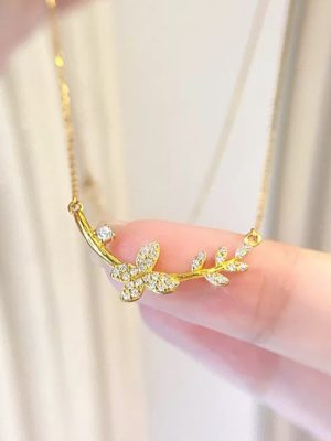 S925 Sterling Silver Plated 14K Gold Laurel Butterfly Diamond Necklace Women's Design Light Luxury All-match Clavicle Chain Summer Ouni Na