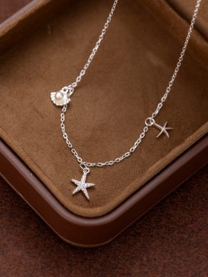 S925 Sterling Silver Starfish Shell Necklace Women's Korean-style Ins Fresh and Cute Fashion Simple Elegant All-match Clavicle Chain