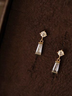 S925 Sterling Silver Plated 18K Gold Zircon Trapezoidal Earrings for Women Retro Japanese Style Light Luxury All-match Court Art Style Earrings