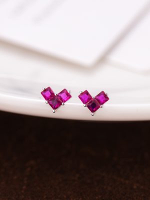 S925 sterling silver inlaid red corundum square love earrings women's geometric compact simple fashion versatile earrings