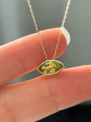 S925 Sterling Silver Plated 14K Gold Horse Eye Necklace Women's Simple High-end Light Luxury Olive Green Zircon Clavicle Chain Ouni Na