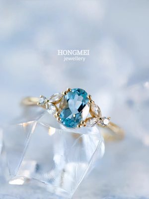 S925 Sterling Silver Plated 18K Gold Aquamarine Diamond Ring Women's Open Design Light Luxury High-grade All-match Bracelet