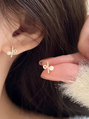 S925 Sterling Silver Plated 14K Gold 100% Love Pearl Bead Earrings Female Design 100% Symbol Ear