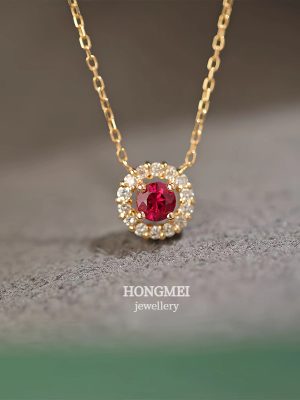 S925 Sterling Silver Plated 18K Gold Full Diamond Round Red Corundum Necklace Women's Simple Classic Light Luxury Advanced Clavicle Chain