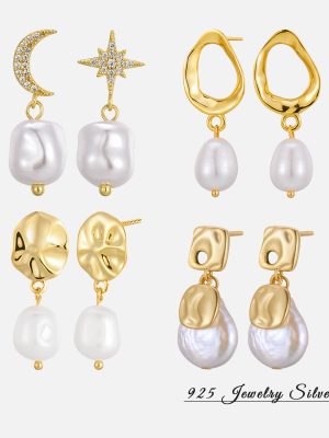 S925 Sterling Silver Hollow Geometric Hammer Pattern Earrings Natural Freshwater Baroque Pearl Design DIY Earrings