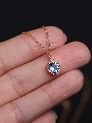 S925 Sterling Silver Gold-plated Necklace Women's Heart-shaped Aqua Blue Zircon Simple High-grade Pendant Clavicle Chain Women's HME