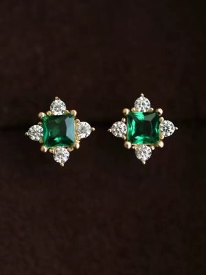 Lam ~ S925 Silver 14K Gold Emerald Retro Mini Zircon Earrings Women's Exquisite Temperament Screw Ear Plug Earrings
