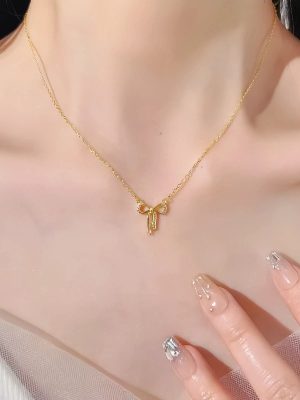 S925 Sterling Silver Plated 14K Gold Classic Bow Diamond Necklace Women's High-end Light Luxury Fashion All-match Collarbone Chain