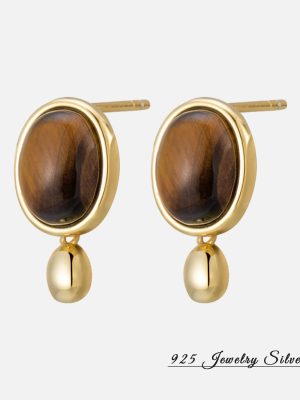 S925 Sterling Silver Simple Tiger Eye Stone Drop Earrings Women's Joker Oval Bean Maillard Earrings Wholesale