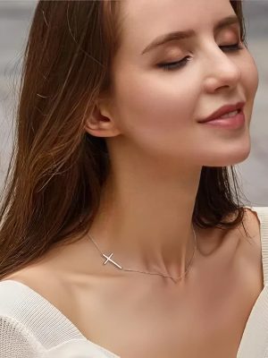 S925 Sterling Silver Plated 14K Gold Fashion Cross Necklace Women's Fashionable All-Match Side Cross Simple Collarbone Chain