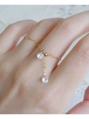 S925 Sterling Silver Plated 14K Gold Minimalist Double Zircon Mini Chain Ring Adjustable Chain Ring HME
