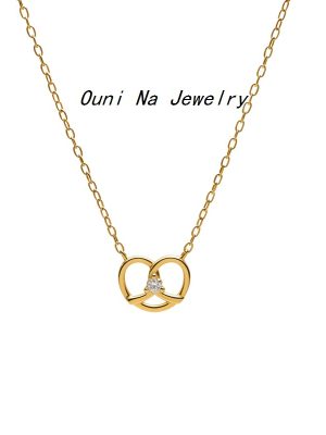 S925 Sterling Silver Plated 14K Gold Cute Alkaline Knot Hollow Diamond Simple Japanese and Korean Style Necklace Women's High Clavicle Chain Ouni Na