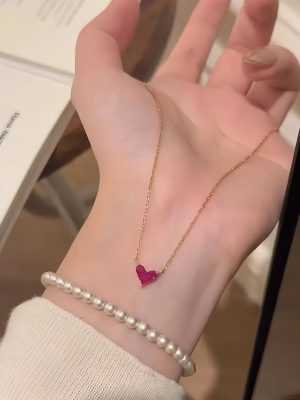 S925 Sterling Silver Plated 16K Gold "Mysterious Heart" Ruby Necklace Women's High Grade Heart Shape Peach Heart Clavicle Chain