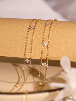 S925 Sterling Silver Plated 18K Gold Light Luxury Double Layer Four Leaf Flower Zircon Bracelet Exquisite Simple Elegant for Girls HME