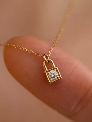 Lock ~ S925 Sterling Silver Plated 18K Gold Small Lock Zircon Necklace Pendant Female Clavicle Chain HME