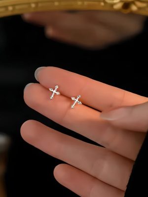 S925 Sterling Silver Plated 14K Gold Personality Trend Mini Cross Earrings for Men and Women Fashion All-match Earrings