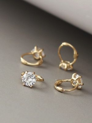 Classic 925 Sterling Silver Plated 18K Gold Earrings Six Claw Shiny Single Diamond Minimalist Mini Ear Bone Buckle Ear Ring All-match Women