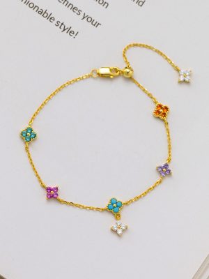 S925 Sterling Silver Lucky Four-leaf Clover Color Dopamine Zircon Bracelet Women's Ins High-grade All-match Bracelet