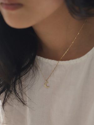 Moonlight in Water ~ S925 Sterling Silver Plated 14k Gold Pendant Necklace Ripple Moon Necklace Clavicle Chain Simple Gift HME