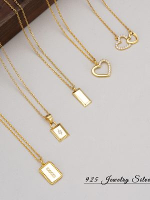 925 sterling silver fashion Joker geometric square zircon necklace hollow heart shaped small gold clavicle chain wholesale