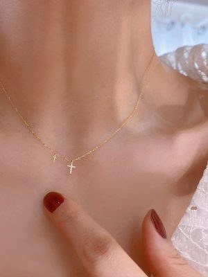 S925 Sterling Silver Plated 14K Gold Double Cross Necklace Women's Japanese and Korean Diamond Pendant Superfine Clavicle Chain Gift Ouni Na
