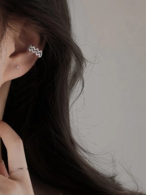 S925 Sterling Silver Plated 18K Gold Full Drill Ripple Ear Clip Women's Light Luxury Elegant Line Ear Bone High-grade No Ear Holes