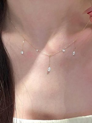 Mermaid Tears ~ S925 Sterling Silver Plated 18K Gold Drops Tassel Zircon Necklace Simple Cool Clavicle Chain