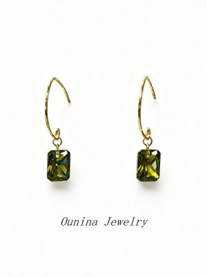 S925 Sterling Silver Plated 14K Gold Retro Light Luxury Elegant Olive Green Zircon Earrings Women's Exquisite Super Flash Small Ear Hook Ouni Na