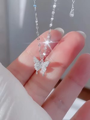 S925 Sterling Silver Gold Plated Diamond Butterfly Necklace Women's Double Butterfly Light Luxury Design High Fashion Clavicle Chain Jewelry
