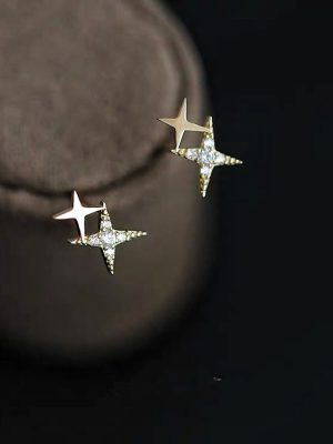 S925 Sterling Silver Plated 14k Gold Diamond Four-Corner Star Ear Stud Glossy Zircon Simple All-Match Earrings Women's High-Grade Earrings