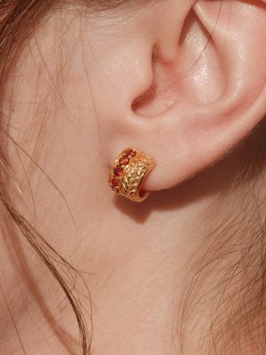 Wind Blows Wheat Wave ~ S925 Sterling Silver Plated 18K Gold Wheat Spike Red Zirconium Earrings Design Retro Temperament Earrings Earrings HME