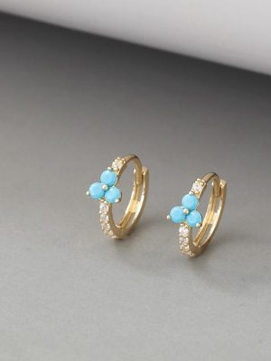 S925 Sterling Silver Plated 18K Gold Earrings Female Temperament All-match Inlaid Turquoise Floret Zirconium Ear Buckle HME