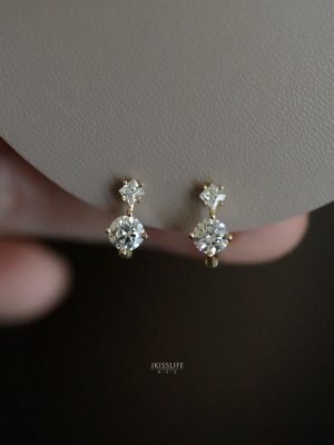 Live Source S925 Sterling Silver Gold Plated Ear Ring Female White Zircon Gothic Ear Buckle Advanced Japanese and Korean Earrings HME