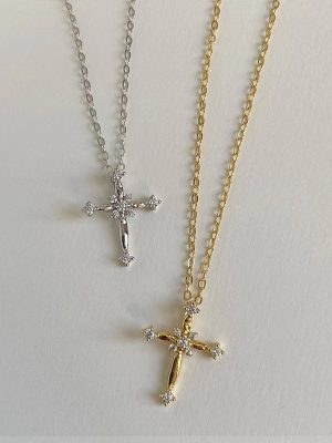 Cross Sterling Silver Plated 14K Gold Necklace Women's Design Light Luxury Elegant Pendant Exquisite High-grade Clavicle Chain Female Ouni Na