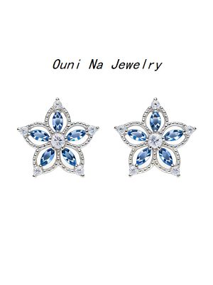 S925 Sterling Silver Plated 14K Gold Light Blue Flower Shape Zircon Earrings Hollow All Match Earrings Female Ouni Na