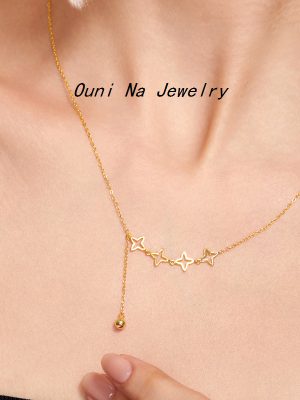 Direct supply S925 sterling silver plated 14K gold star necklace women's hollow four mans star pendant clavicle chain Ouni Na
