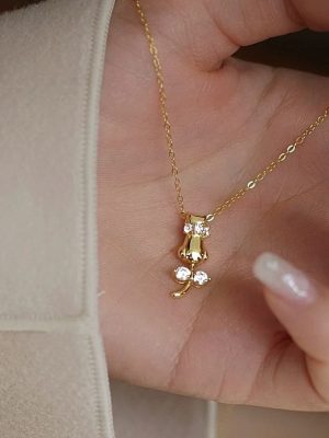 S925 Sterling Silver Gold Plated Bow Cat Diamond Necklace Women's Sweet Elegant All-match Clavicle Chain Ouni Na