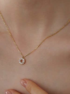S925 Sterling Silver Plated 14K Gold Minimalist Donut Ring Inlaid with Full Diamond Pendant Light Luxury Commuter Necklace Clavicle Chain HME