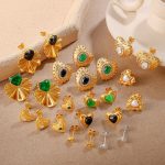 French Retro Lovely Color Diamond Stud Earrings Stainless Steel 18K Gold Plating Personality Multi-Grid Female