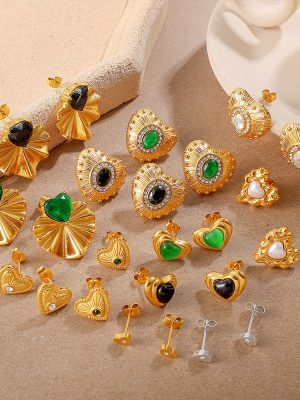 French Retro Lovely Color Diamond Stud Earrings Stainless Steel 18K Gold Plating Personality Multi-Grid Female