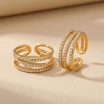 Stainless Steel Three-Layer Lines Hollow out Index Finger Ring Inlaid Zircon Simple All-Match Ring Plated 18K Real Gold Color Retention