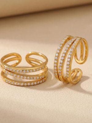 Stainless Steel Three-Layer Lines Hollow out Index Finger Ring Inlaid Zircon Simple All-Match Ring Plated 18K Real Gold Color Retention