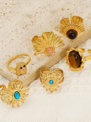 All-Match Gold-Plated Stainless Steel Ring Female Fan-Shaped Opal Turquoise Advanced Open Ring