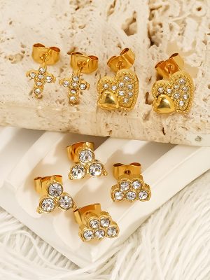 Stainless Steel Heart-Shaped Earrings Flower Inlaid Zircon High-Grade Geometric Ear Studs Earrings for Women