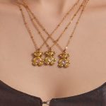 Cute Bear Loving Heart Zircon Pendant 18K Gold-Plated Stainless Steel Women's Non-Fading Necklace Ornament